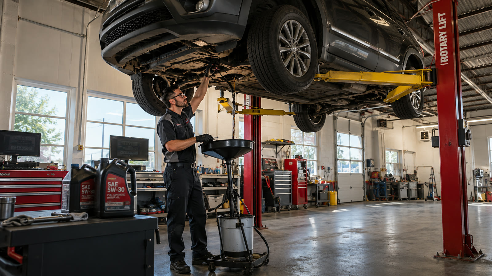 Oil change and maintenance service under a vehicle on a lift