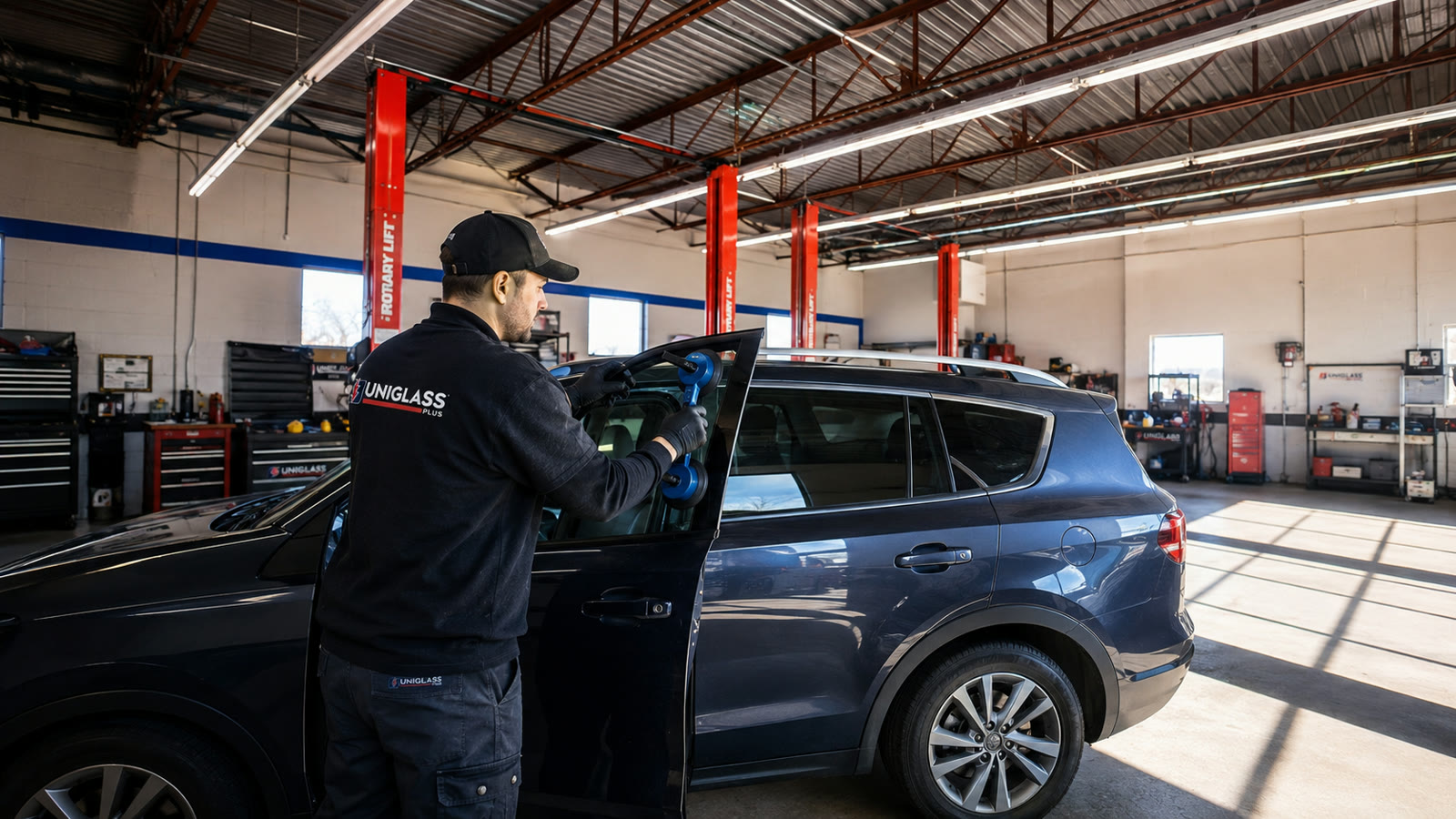 Technician completing careful vehicle fitment work in the bay